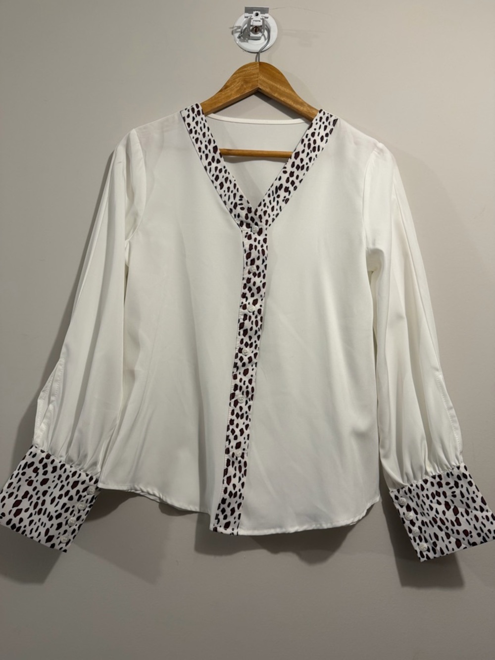 Women's White V-Neck Blouse with Leopard Trim